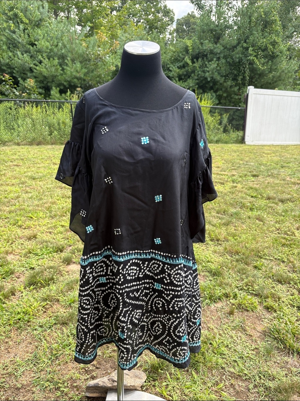 100% Silk Black Embellished Flowy Boho Women's Dress with Turquoise Accents